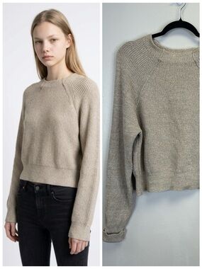 Free People Cozy Cream Oatmeal Basic Size S Ribbed Crewneck Sweater Traditional